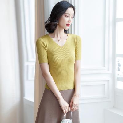 China Custom Lady Anti-Shrink Ice Fashion V-Neck Silk Knitting Casual Plain Knit T-shirt Tops for sale