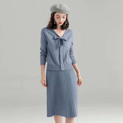 China Wholesale Women Anti-Static Slim Dresses Suit Elegant Knitted Sweater Top Skirt Two-piece Suit for sale