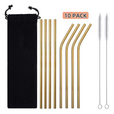 China 10pcs PACK 215*6mm Gold Metal Sustainable Eco Friendly Straws With Bag And Brush for sale