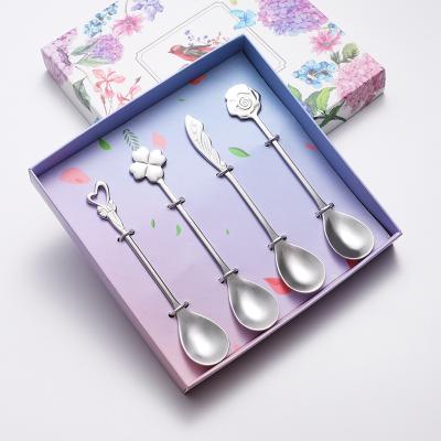 China 4PCS Viable Set 304 Stainless Steel Cute Creative Flower Design Tea Dessert Teaspoon Mini Teaspoon With Gift Box for sale