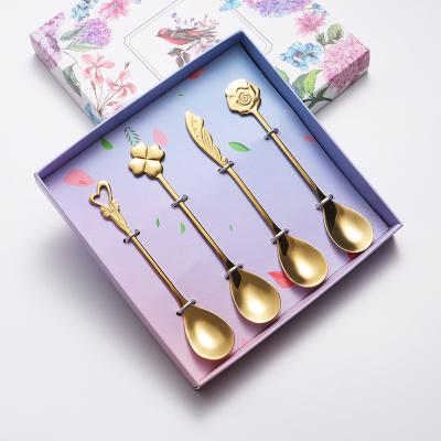 China 4PCS Viable Set 304 Stainless Steel Golden Flower Design Creative Cute Tea Dessert Mini Teaspoon With Gift Box for sale