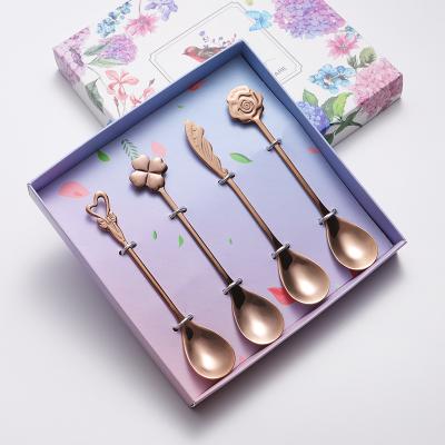 China 4PCS Viable Set Mini 304 Stainless Steel Rose Gold Flower Design Cute Creative Tea Dessert Teaspoon With Gift Box for sale