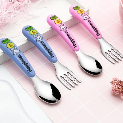 China Food Grade Cartoon Frog Happiness Baby Spoon And Fork Set Viable Baby Cutlery for sale