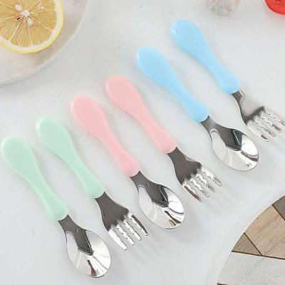 China Kids Disposable Plastic Stainless Steel Handle Baby Spoon And Fork Set Children Tableware for sale