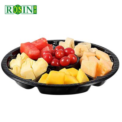 China Round Disposable Fruit Packaging Box 6 Cavity Black Based With Anti Fog Clear Lid for sale