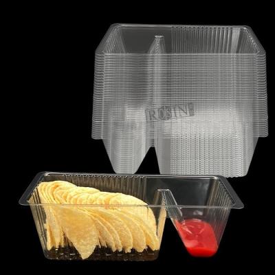 China Aanpasbaar plastic Nacho Tray 2 holte rechthoekige transparante PET Te koop