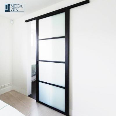 China Modern Narrow Frame Heat Insulation Interior Design Frosted Tempered Glass Inserted Aluminum Sliding Barn Doors for sale