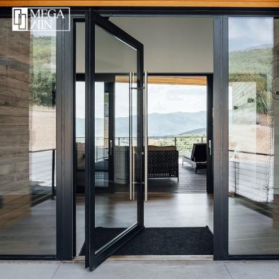 China Heavy Duty Custom Wrought Iron Pivot Glass Pivot Door Main Entrance Sound Insulation Hurricane Villa Glass Door for sale