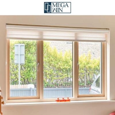 China Simple Design Double Screen Magnetic Energy Efficient Tempered Glass Open Out Of Wood Grained Aluminum Casement Windows for sale