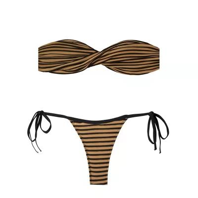 China New European and American sexy striped border breathable bra slit bikini swimsuit for sale