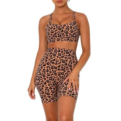 China 2022 New Leopard Yoga Suit Breathable Hot Selling Fitness Bra High Waist Running Shorts Two Piece Set for sale