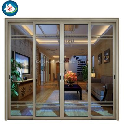 China Electrophoresis Champagne Color Aluminum Framed Glass Modern Sliding Doors French Grill Inside for sale