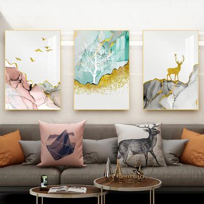 China Modern Abstract Line Modern Wall Art Deer Crystal Porcelain Waterproof Gold Painting The Living Room for sale