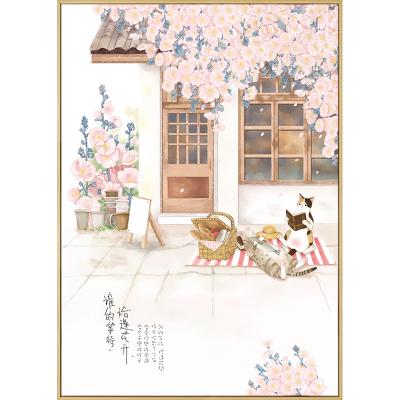 China Modern Modern Sakura Flower And Cat Wall Art Picture Print On Wood Japanese Decorative Painting The Living Room for sale