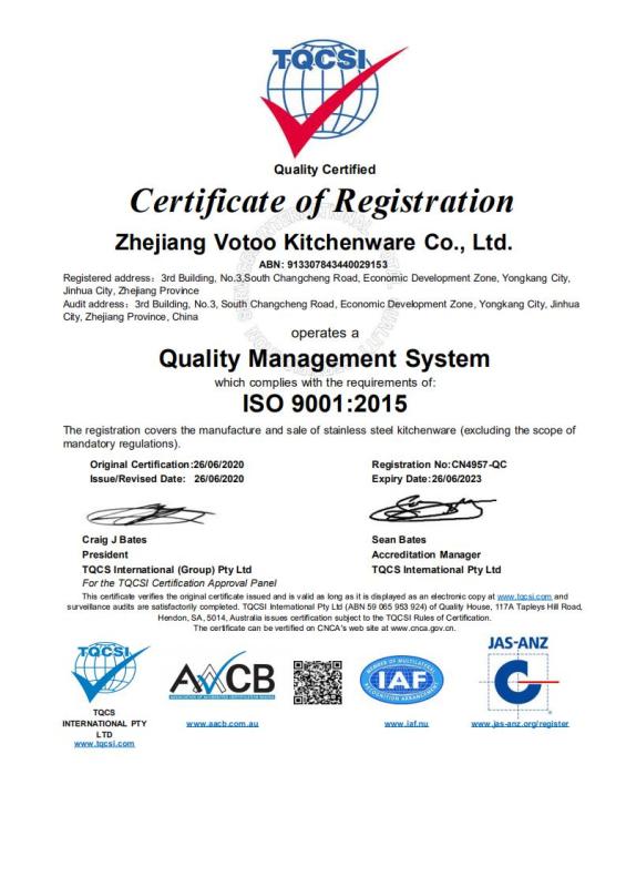 ISO9001 - Zhejiang Votoo Kitchenware Co., Ltd.