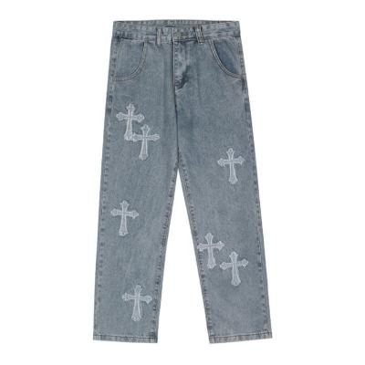 China Factory price breathable hot sales cross applique plus size mens jeans blues jeans hombre loose for sale