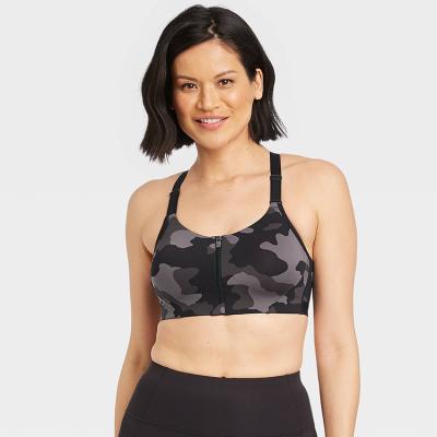 China Breathable Sports Bra Front Zip Mesh Back Camo Design Sports Bra Gym Top For Women for sale