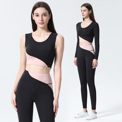 China Wholesale Breathable Female Patchwork Long Sleeve Upper Waist High Butt Pants 3 Pcs Yoga Fitness Suit for sale