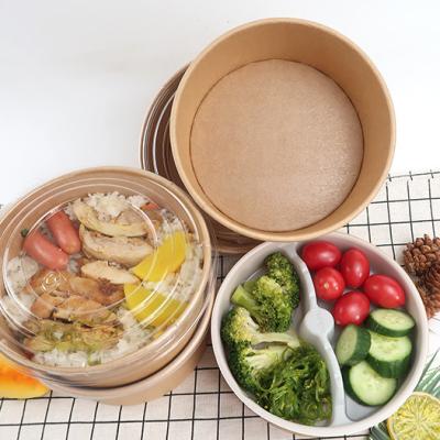 China Greaseproof Disposable Take Out Kraft Paper Salad Bowl With PET Lid Kraft Paper Bowl for sale