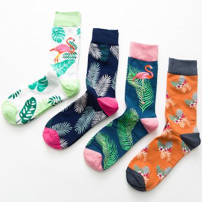 China Spring And Autumn Cotton Mid Tube Men's Socks European Style Breathable Ethnic Border Warm Socks Crane Flamingo Leaves Socks for sale