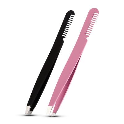 China Sturdy Slant Black and Pink Coated Stainless Steel Comb End Eyebrow Tweezers à venda