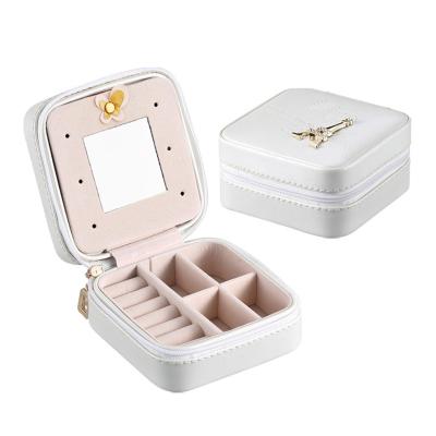 China Custom Logo Girls Zip Leather Small Travel Jewelry Rings Necklace Earrings Jewelry Box Velvet Jewelry Packaging Organizer Storage Case for sale