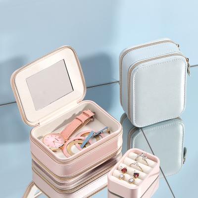 China Jewelry Logo Small Travel Jewelry Box custom made wholesale with PU Ring Earring Necklace Organizer leather zipper mirror joyero de viaje for sale