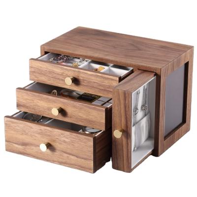 China Luxury High Quality Wooden Necklace Ring Earings Watch Storage Box Custom Jewelry Four Drawer Jewelry Box for sale