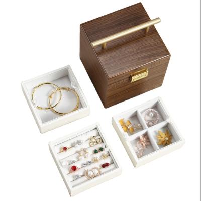 China High Quality Custom Jewelry Storage Box Luxury Wood With Three Layers Of Ring Earring Wood Case With Handle Necklace for sale