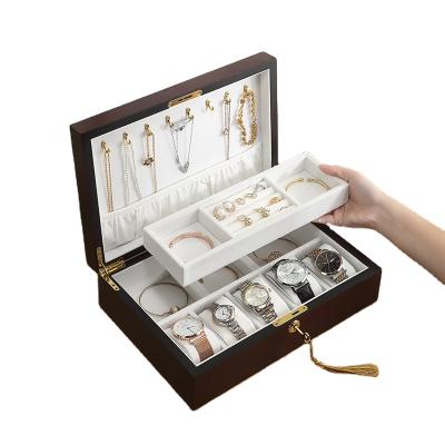 China Custom Wood Jewelry Organizer Gift Box Lock Logo Wood Jewelry Box With Large Capacity Jewelry Watch Storage Case for sale