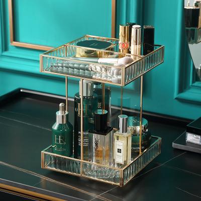 China Fashion Wholesale 2Layer Brush Pencil Holder Lipstick Holder Makeup Storage Case Luxury Glass-metal Rotating Cosmetic Wedding Gift for sale