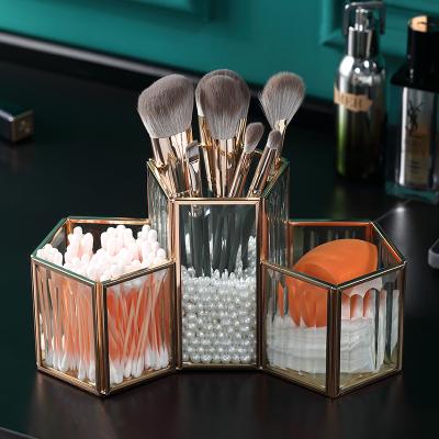 China Fashion Logo Luxury Glass Metal Makeup Custom Brush Holder Lipstick Cosmetic Storage Box Clear Make Up Organizer Case For Women Gift for sale