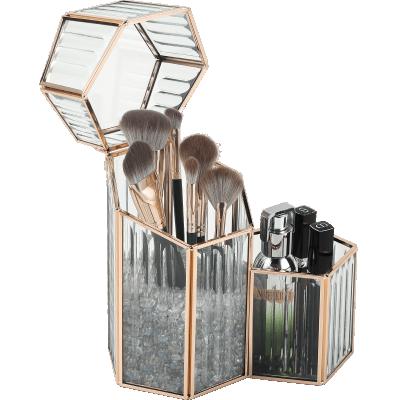 China Fashion Wholesale Combination Makeup Brush Set Luxury Custom Clear Glass Brush Holder With Cover Cosmetic Tools Pen Storage Box for sale