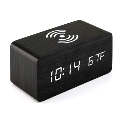 China Smart Watch LED Digital Clock Control Function Qi 5W Wireless Charging Healthy Charging Wooden Alarm Clock for sale