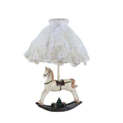 China Modern Dimmable White Horse Lace Fabric Bedroom Bedside Daughter Kids Room LED Table Light for sale