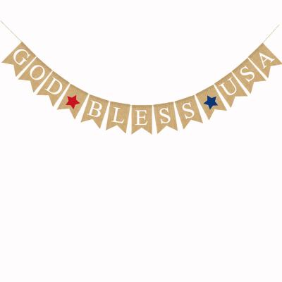 China Reusable Rustic 4th of July Burlap Banner Independence Day Party Bunting Banners Memorial Day Veterans Day Fourth of July Decorations for sale