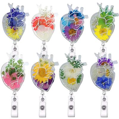 China ABS Plastic Badge Reel Real flower badge card holder resin reel gift for nurse accessories stocking stuffer floral  Heart badge reel for sale