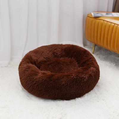 China Travel CF Factory Faux Fur Washable Plush Around Eco Friendly Cat Bed Accessories Round Luxury Pet Sofa Donut Dog Bed for sale