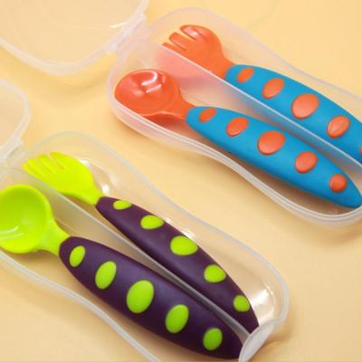 China BPA Free Durable Baby Feeding Set BPA Free Silicone Baby Spoon and Fork Feeding Set with PE Box for sale