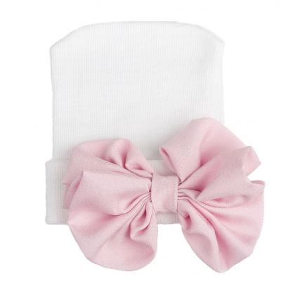 China Breathable Single Layer Newborn Baby Hospital Hat With Chiffon Big Bow Knitted Cute Baby Hat for sale