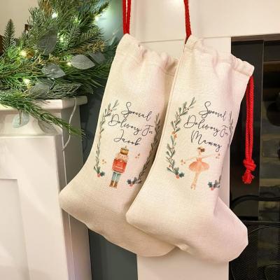 China Christamas Home Decoration Sublimation Christmas Storing Christmas Canvas Craft Knocks Gift Bags Hanging Decorations Burlap Christmas Stockings for sale