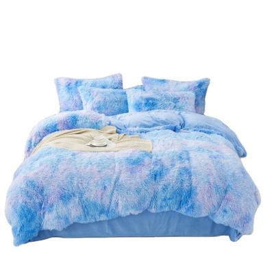 China Factory Supplier Rainbow Color Faux Soft Warm Knotted Dyed Velvet Super Wearable Fur Plush 4 Pcs Bedding Set For Girls for sale