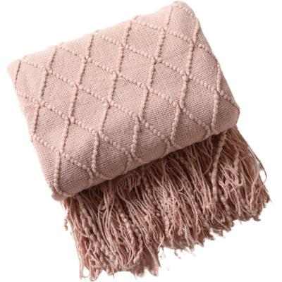 China 2023 Small MOQ Comfortable Textured Solid Tassels Travel Decorative Lightweight Acrylic Knitted Couch Throw Blanket For Bed Other Blankets for sale