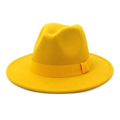 China Wide Checked Edge 56-58cm Wool Felt Fedora With Same Color Ribbon Wool Felt Solid Color Felt Fedora for sale