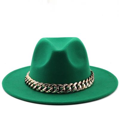 China Spring Color Checked Unisex Wool Felt Wide Brim Solid Color Fedora With Large Golden Chain Fedora With Chain for sale