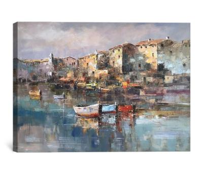 China Purely Handmade Modern Boat Seascape Village Palette Knife Art Canvas Impressionist High Quality Oil Painting For Wholesale for sale