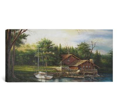 China Beautiful Classical Purely Hand-painted Landscape Wall Art Oil Painting Lake and Boat Oil Painting for Home Decor for sale