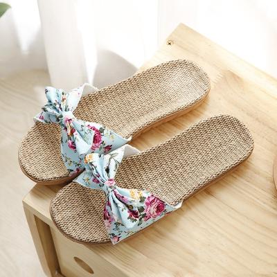 China Flower Anti-slippery Canvas Open Toe Bowknot Girls Woman Summer Beach Slipper Indoor Outdoor Sandals for sale