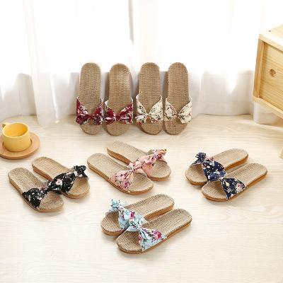 China Flower Anti-slippery Canvas Open Toe Bowknot Girls Woman Summer Beach Slipper Indoor Outdoor Sandals for sale