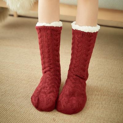 China Anti-Slip Ladies Girls Knitted Winter Cashmere Warm Fleece Lined Floor Sock Home Slipper Socks With Anti-Slip Handles for sale